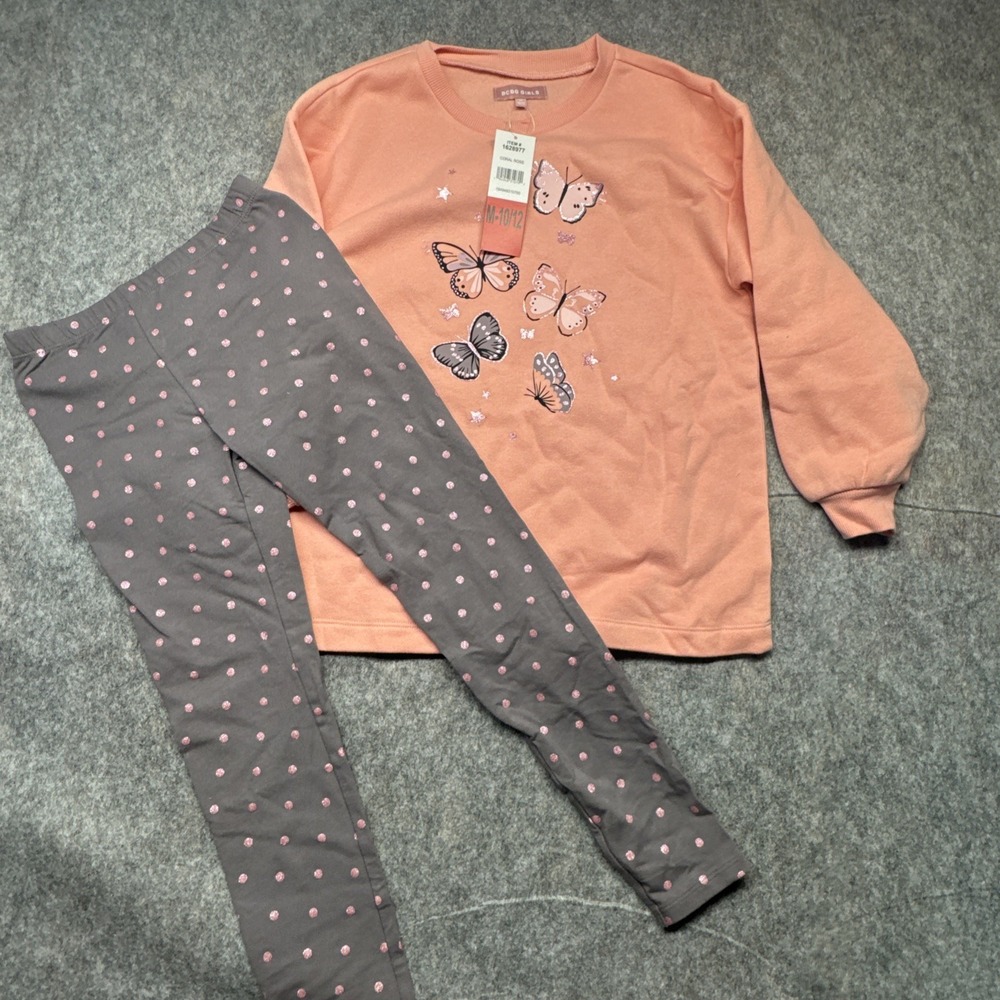 BCBG Girls 2 Piece Sweatshirt Legging Set M 10/12 Gray Pink